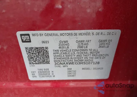 2024 Chevrolet Equinox Awd Rs из США, поврежденный, VIN 3GNAXWEG3RS107128